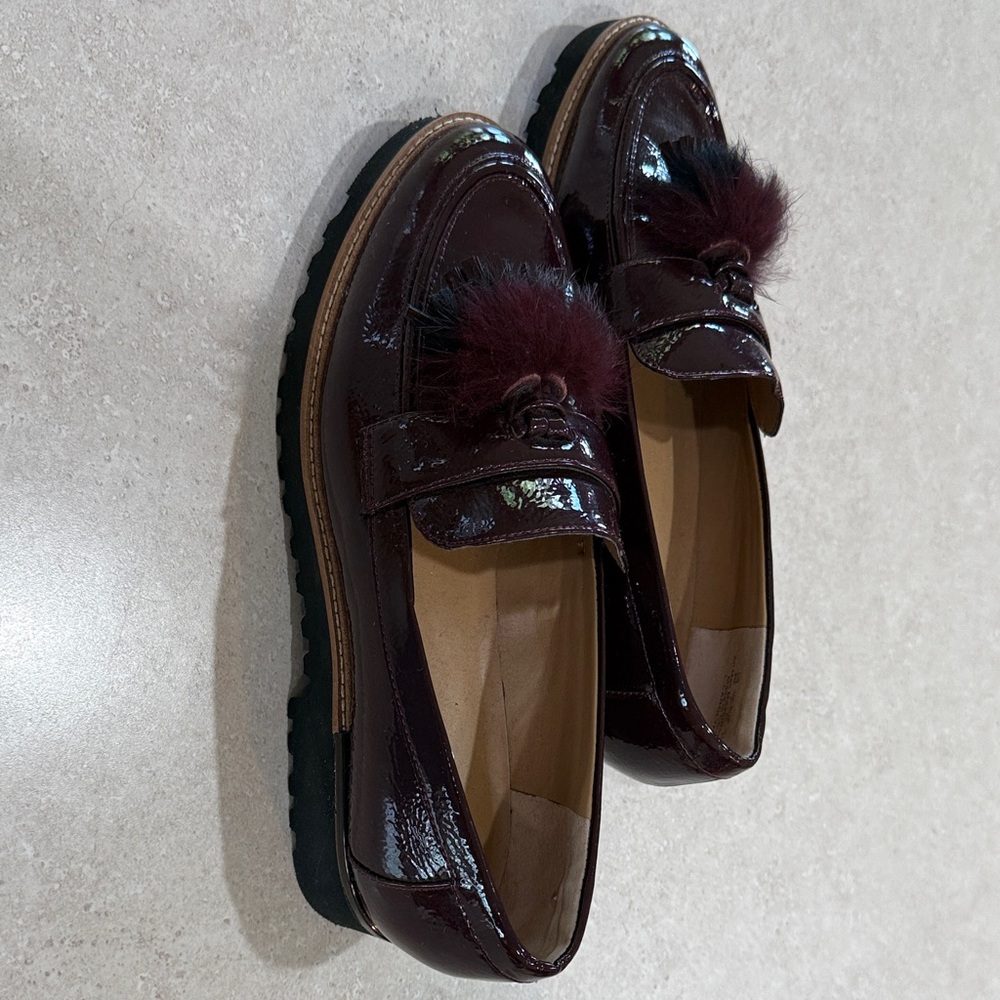 Franco Sarto Glossy Maroon Loafers with Pom-Pom